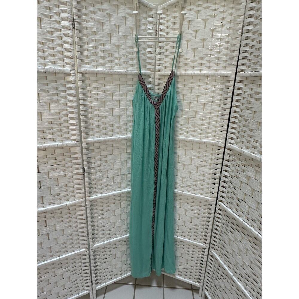 RAVIYA Long maxi dress with woven ribbon down‎ the center Teal Sleeveless Flowy